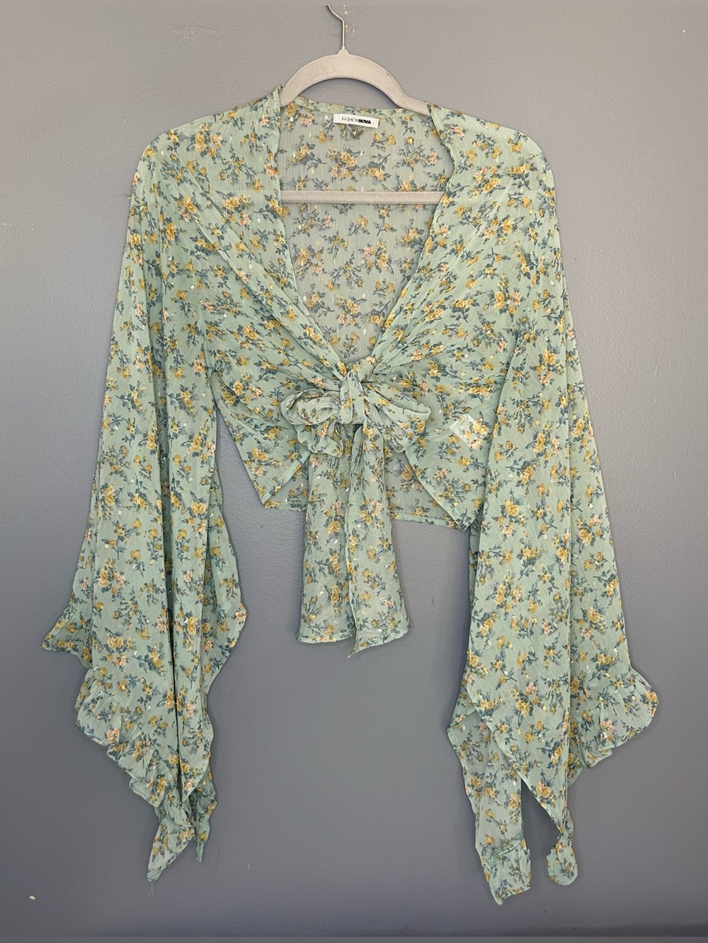Cottage Fairy Blouse Womens XS Green Floral Tie Front Bell Sleeve Boho Crop Top